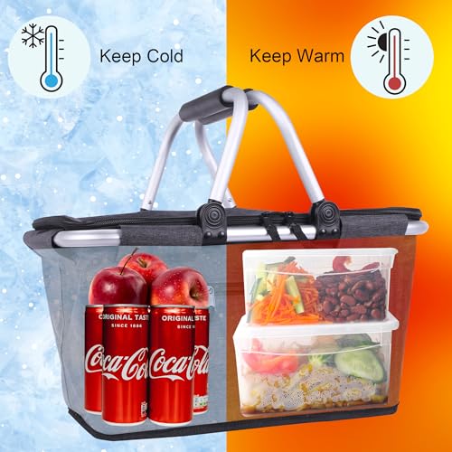 Picnic Basket, SIYUAN Collapsible Market Basket Insulted Cooler with Handles 27L Large Farmers Grocery Basket with Lid Portable Tote Bag, Black - color: Black