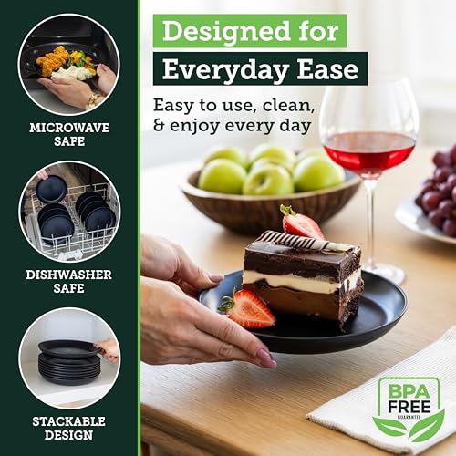 Grow Forward Premium Wheat Straw Plates - 8 Inch Reusable Hard Plastic Dinner Plates Set of 8 - Unbreakable Microwave Safe Plates for Dessert, Camping, RV, Outdoors, Patio, Kitchen Dishes - Midnight - color: Midnight Black, size: 8 inch
