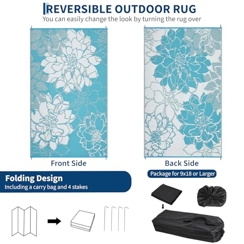 GarveeHome Large Outdoor Straw Plastic Rug 9x18 Waterproof Reversible Mat Floral Botanical Big Camping Rugs Patio Rug Deck Outdoor Mat with 4 Stakes & Portable Bag for Balcony Pool RV, Blue - color: Floral|light Blue, size: 9' x 18' (Rectangular)