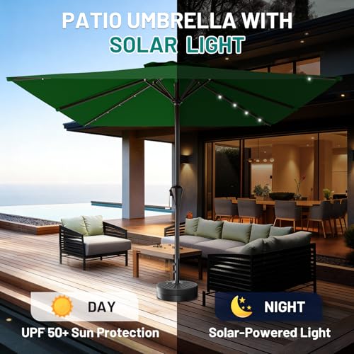 AreShark 8' X 10' Rectangular Patio Umbrella with Solar Lights, Lighted Solar Umbrella with Crank, Outdoor Table Umbrella for Garden, Deck, Backyard, Pool and Beach, Dark Green - color: Dark Green, size: 8 X 10 Ft