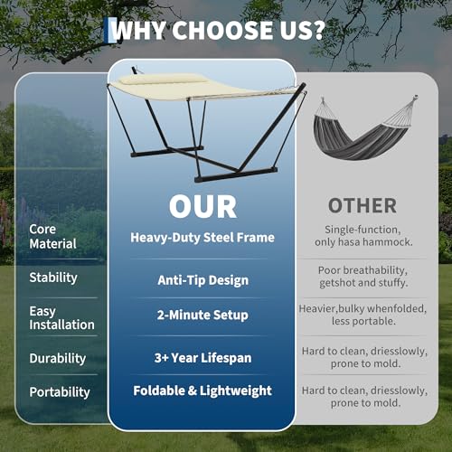 Garvee 2 Person Portable Double Hammock for Outdoor with Pillow, Heavy Duty Portable Hammock with Adjustable Steel Stand for Patio, Garden, Beach, Backyard - color: Off White, size: T-shaped Bracket