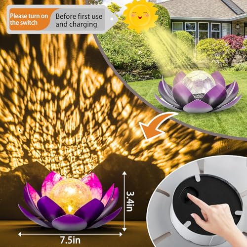 AIINY Solar Light Outdoor(2Pack), Art Crackle Globe Glass Lotus Decoration, Solar LED Waterproof Purple Metal Flower Lights for Patio,Lawn,Walkway,Tabletop - color: Purple