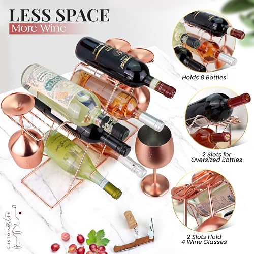 Gusto Nostro Countertop Wine Rack with Glass Holder for 8 Bottles & 4 Glasses, Small Modern Tabletop Wine Rack - No Assembly Wine Holder Stand for Home Kitchen Cabinet Wine Cellar Storage (Rose Gold) - color: Rose Gold, size: 8 Bottles
