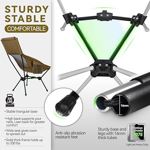 MARCHWAY Lightweight Folding High Back Camping Chair with Head Support, Stable Portable Compact for Outdoor Camp, Travel, Beach, Picnic, Festival, Hiking, Backpacking (Highback Khaki) - color: Highback Khaki