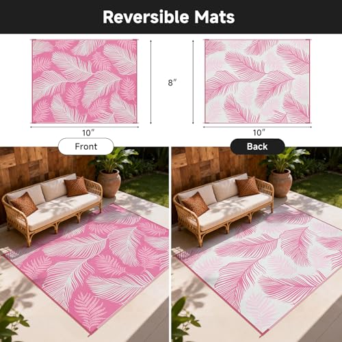 Pauwer Waterproof Outdoor Rug 8x10, Reversible Plastic Straw Patio Camping Rug, Indoor Outdoor RV Mat Carpet for Deck, Camper, Porch, Balcony, Backyard, Picnic, Leaf Pink - color: Leaf Pink, size: 8' x 10' (Rectangular)