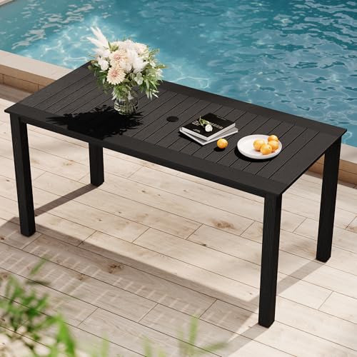 YEFU Outdoor Dining Table for 6: All Weather Rectangular Patio Table with Umbrella Hole and Aluminum Frame - Outdoor Furniture for Outside Backyard/Garden/Pool/Porch/Deck 300lbs Capacity Black - color: Black, size: 1 Table
