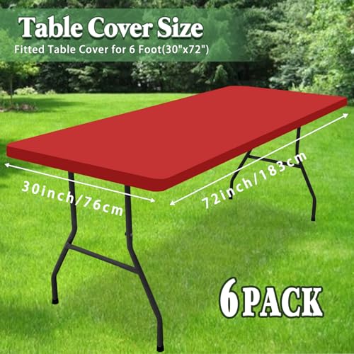 6 Pack Picnic Fitted Table Cover for 6 Foot Tablecloth for Rectangle Tables Waterproof Stretch Washable Folding Indoor and Outdoor Spandex Table Cloth for Camping Banquet and Parties (Red,30" x 72") - color: Red, size: 30"x72" (Pack of 6)