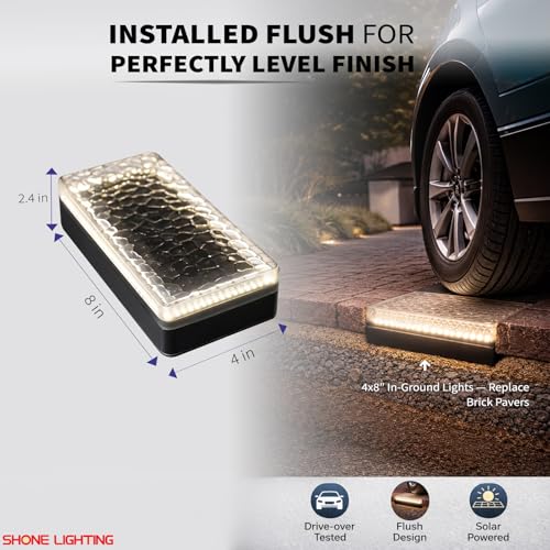 SHONELIGHTING 4x8″ Solar Ground Lights Outdoor, IP67 Waterproof & Super Bright 3500K, In-Ground Recessed LED for Path, Walkway, Driveway, Paver, Landscape & Garden (Warm White, 6 Pack)