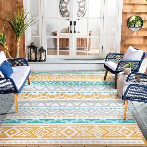 Lahome Waterproof Outdoor Rug 6x9, Reversible Outdoor Plastic Straw Rug for Camping, Large RV Outdoor Patio Rug, Outdoor Rugs Carpet for Porch Deck Backyard Balcony Picnic(Blue/Yellow,6'x 9') - color: Blue/Yellow, size: 6'x9'