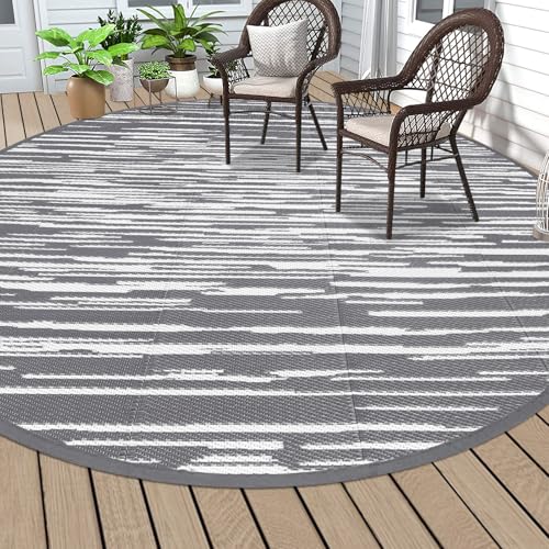 HEBE Round Outdoor Rug 8' Waterproof for Patios Clearance, Reversible Plastic Straw Rug Camping Carpet, Indoor Outdoor Area Rugs Patio Mats for RV,Picnic,Backyard,Deck,Balcony,Porch - color: Stripe/Grey, size: 8' Round