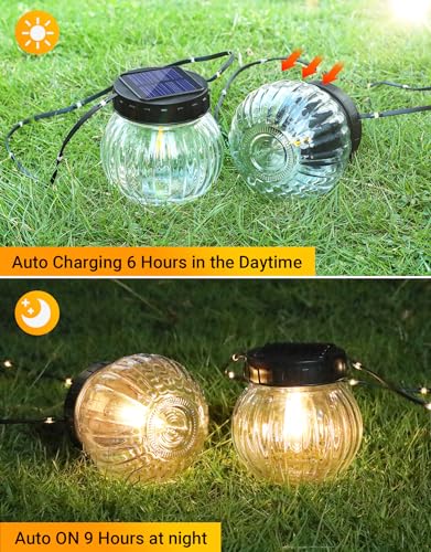 PARTPHONER Solar Lights Outdoor Waterproof 12-Pack, Solar Powered Hanging Lantern Ribbed Glass Hanging Globes for Yard Decor Christmas Decoration, Shepherd Hook, Garden Tree Ornaments, Clear - color: Clear