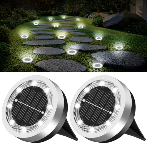 SenLuKit Mini Solar Ground Lights 2 Pack Outdoor IP65 Waterproof Solar Flat Garden Light Solor Powered Disc Pathway Lights for Outside Walkway Yard Landscape Patio Lawn Driveway-Cool White - color: Cool White, size: 2 Pack