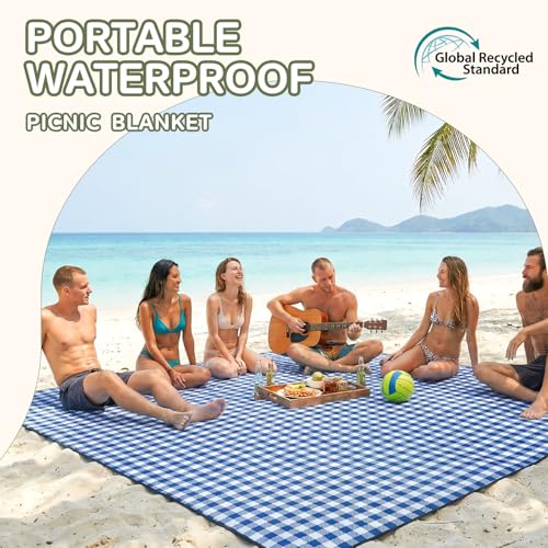 Genovega Waterproof Picnic Blanket Beach Outdoor Mat Rug Registry Wedding Search by Name Must Have Items Newly Wed Married Couple Gifts Bridal Husband Wife Men Women Mr Mrs 1 Anniversary Present - color: Checkered Navy