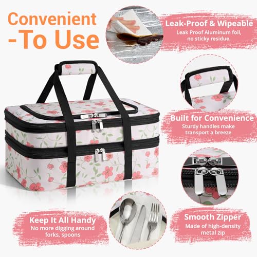 Insulated Double Casserole Carrier - Portable Casserole Carriers for Hot or Cold Food Lunch Tote Warmer or Cooler Bag for Potluck Parties Picnic Cookouts, Fits 9" x 13" Baking Dish - Flower - color: Flower