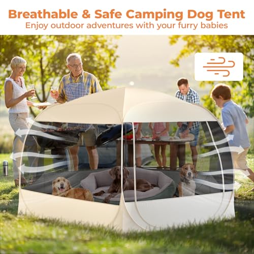 EighteenTek XXLarge Popup Portable Dog Houses, 10'x4.8'H Assembly-Free Gazebo-Style Dog Cot Cat Playpen Screen Pet Tent Sun Shade Shelter Dog Bed with Canopy for Outdoor Anti-Bugs with Leakproof Floor - color: Beige, size: XXLarge, 10' x 10' x 4.8'H