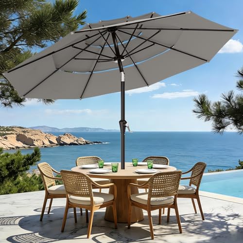 AreShark 9ft 3-Tier Patio Umbrellas, Outdoor Umbrella with 8 Sturdy Ribs UV Protection Windproof, Market Table Umbrella w/Push Button Tilt & Crank for Pool, Porch, Deck, Garden(Foggy Gray) - color: Foggy Gray