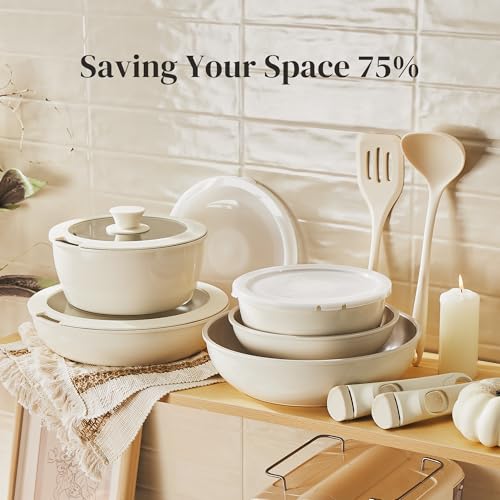 Redchef Ceramic Pots and Pans Set, Nonstick Kitchen Cookware Set with Detachable Handle, Non Toxic Cookware Set 16pcs, PFAS PFOA & PTFE Free, RV Ceramic Cookware for Camping, Dishwasher/Oven Safe - size: 16 Pcs Beige