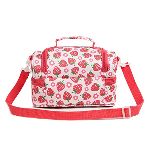 Insulated Kids Dual Compartment Lunch Bags Tote for Girls Boys Toddler Lunch Boxes Pre-School Toddler Kindergarten Picnic Camp Food Cooler Thermal with Strap (Bright Strawberry) - color: Bright Strawberry