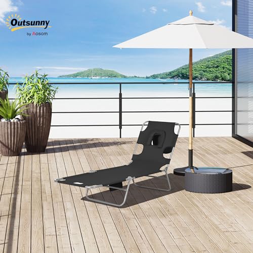 Outsunny Chaise Lounge Chair Outdoor with Face Arm Hole, 5-Position Reclining Face Down Tanning Chair with Carry Strap, Side Pocket, Portable Folding Bed Cot for Patio Beach Pool, Black - color: Black, size: 1 Piece