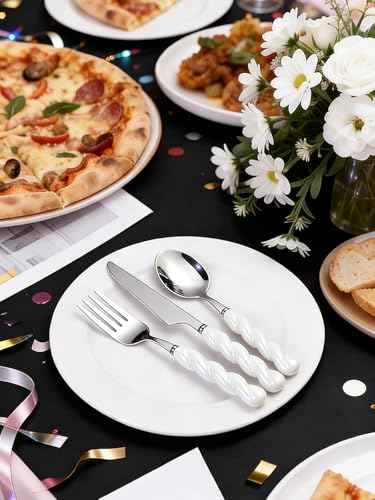 Stainless Steel Flatware Set, 4-Piece Heavy Duty Cutlery Set with Dinner Knife, Fork & Spoons, Tableware Gift for Daily Use Wedding Housewarming Baby Shower Birthday Gifts(White) - color: White