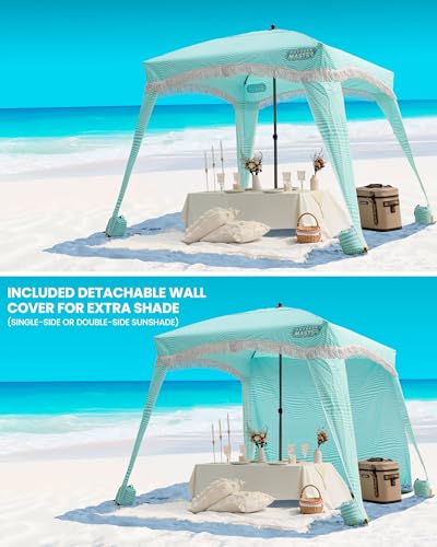 OutdoorMaster Beach Cabana with Fringes, Portable 6' x 6' Beach Canopy for Sand, Easy Set Up Beach Shelter, Included Side Wall, UPF 50+ UV Protection Sun Umbrella - for Family & Friends - color: Stripes