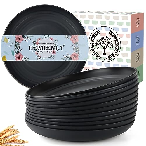 Homienly Deep Dinner Plate Set of 12 - Alternative to Plastic - Microwave & Dishwasher Safe - Wheat Straw Construction - Unbreakable - Ideal for Kids (Black, 9 inch) - color: 12 PCS Black, size: 9 IN