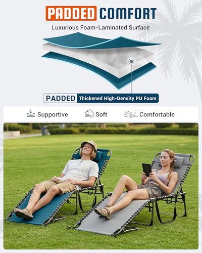 KingCamp Oversized Tanning Chair, Extra-Wide Padded Folding Chase Lounge Chairs Portable Adjustable 5-Position 440lbs Heavy Duty Lounger with Double-Layer Oxford for Outdoor Beach Patio Sun Pool Blue - color: Pro-blue-1 Pack