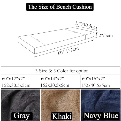 Custom Long Dining Bench Cushion with Ties for Indoor Furniture Non-Slip Rectangle Window Seat Cushions 60″x12″ Inch, Gray - color: Gray, size: 60″x12″