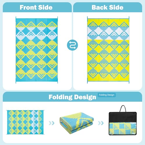 Lahome Outdoor Rugs 8x10 Waterproof, Reversible Plastic Large Outdoor Rug for Patios, Outside RV Mat Carpet for Deck Porch Backyard Balcony Picnic Trailer (Blue/Yellow, 8' x 10') - color: Blue/Yellow/Checkered, size: 8'x10'