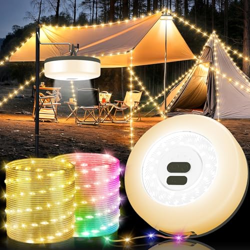 Camping String Lights, 4 in 1 Quick Storage 32.8FT Rechargeable Tent Lights with 9 Lighting Modes, Hanging Waterproof Portable LED Lamp for Outdoor Patio Awning Garden Party Camping Essentials Gear - color: Warm & RGB, size: 1PACK