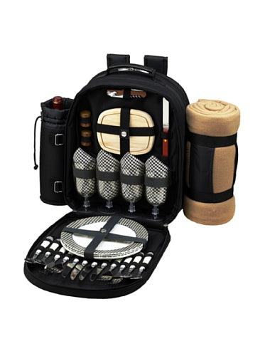 Picnic at Ascot Original Equipped 4 Person Picnic Backpack with Cooler, Insulated Wine Holder & Blanket - Designed & Assembled in the USA - color: Black W/Gingham