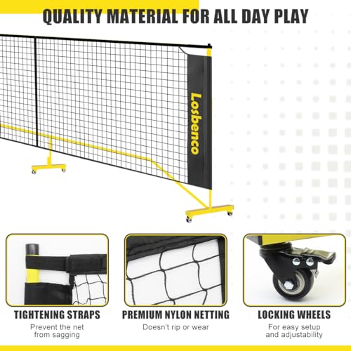 Losbenco Pickleball Net with Wheels Court Lines, Metal Frame & Regulation Size 22FT, 6-in-1 Adjustable Portable Net for Playing Pickleball, Tennis, Volleyball & Soccer Backyard Games - color: Yellow