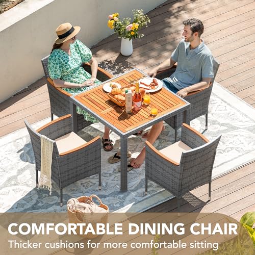 Devoko 5 PCS Furniture, Patio Conversation Set with Acacia Wood Top, Rattan Outdoor Dining Table and Chairs for Backyard, Garden, Deck, Grey - color: Grey, style: 5 Piece Dining Set