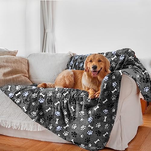Waterproof Dog Blanket, Pattern Printing Super Soft Warm Fluffy Facecloth Sofa Car Bed Protector, Urine Proof Washable Outdoor Pet Blanket for Puppy Large Dogs & Cats(paw & Bone60*50) - color: Grey | Bone, size: Large