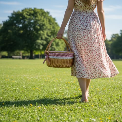 Wicker Picnic Basket with Lid and Handle Sturdy Woven Body with Washable Plaids Liner,Red - color: Red Check