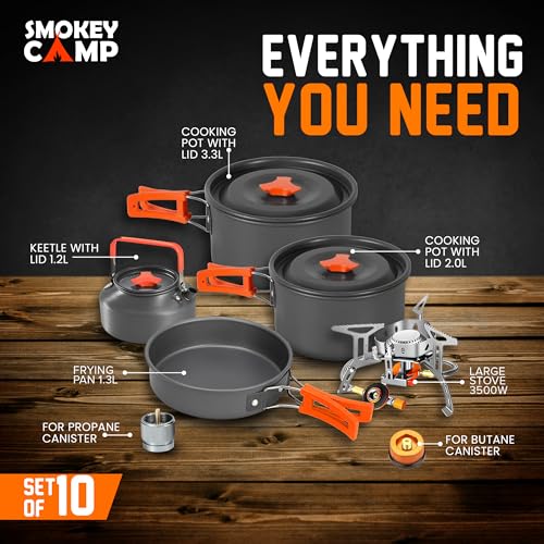 Smokey Camp Camping Cookware Mess Kit Set with Stove - Backpacking Camping Pots and Pans Set, All in One Non-Stick Camping Cooking Set, Portable Stove, Hiking, Picnic, Outdoor & Camping Cookware Set - style: 2.0+3.3 Liter Pot + 1.2 Liter Kettle