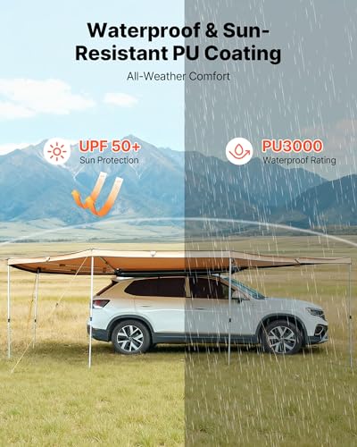 VEVOR 270 Degree Awning, 133 sq.ft Driver Side Vehicle Awning, Waterproof UV50+ Car Side Awnings with Carry Bag, All-Weather Free-Standing Overland Awnings Car Shelter for SUV Van Truck Camping - color: Khaki 270° 20*6.7ft Car Awning