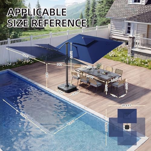 9 X 12 FT Cantilever Patio Umbrella with Led Lights and Base Included Heavy Duty Outdoor Double Top Large Rectangle Offset Umbrellas with 360-degree Rotation for Garden Pool Deck Backyard, Navy - color: Navy, size: 9' X 12'- Weighted Base Included(LED)