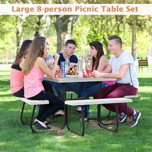 Giantex Picnic Table Set for 8 Persons, Outdoor Table and Bench with Umbrella Hole, HDPE Top & Metal Frame, 500LBS Capacity, Square Patio Table Bench for Deck Backyard Garden (White) - color: White, size: Square-35"x35"x30"