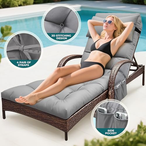 Outdoor Chaise Lounge Chair Cushion, Waterproof Outdoor Chair Cushions for Patio Furniture, 71 x 21 x 4 Inches Replacement Chaise Lounge Cushion with Ties (Grey) - color: Grey