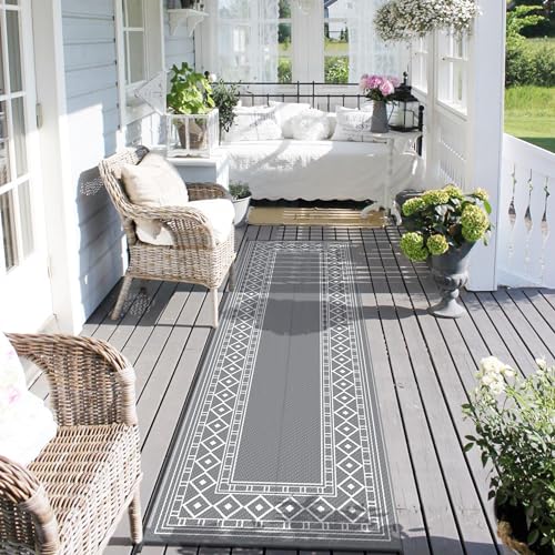 GENIMO Outdoor Rug Waterproof for Patio, 2.5'x8' Foldable Reversible Plastic Straw Runner Rugs and Carpet for Porch, Outside Area Mat for Rv, Deck, Picnic, Camper, Balcony, Beach, Grey & White - color: Grey & White | Natural, size: 2'6" x 8' (Runner)