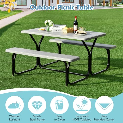 MEDIMALL Portable Picnic Table With Benches, Plastic Bench Set With Metal Frame & All Weather Tabletop, Large Camping Table for Outdoors, Backyard, Garden (Gray) - color: Grey