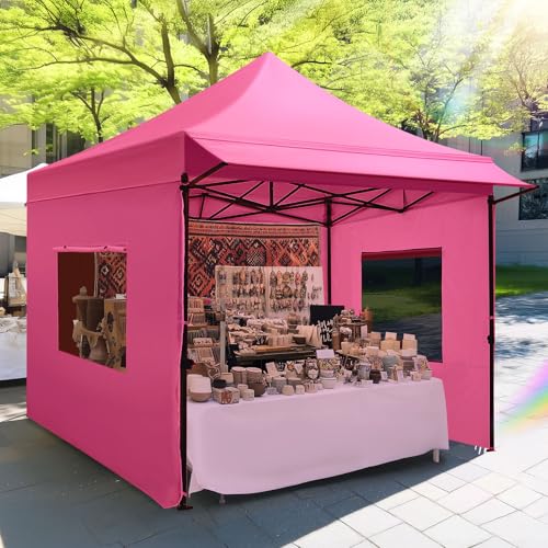 Quictent 10x10 Heavy Duty Pop up Canopy Tent with 3 Removable Sidewalls, Commercial Grade Instant Shelter with Wheeled Bag for Outdoor, Parties, Markets, 600D PU Coated UPF 50+ Sun Shield - color: Pink, size: 10x10