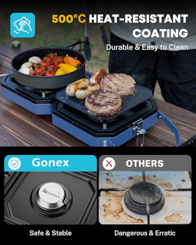 Gonex Camping Stove with 2 Burner Griddle & Grates, Portable Foldable Cooking Stove with Total 16,000 BTU, Two Piezo Ignition Adjustable Burners for Camping (Blue) - color: Blue