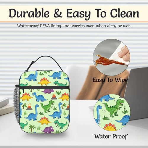 Dinosaurs Reusable Lunch Bag,Cartoon Volcano Green Trees Insulated Lunch Box with Side Pockets for Girls Boys Women Portable Thermal Cooler Bag for Teens School,Work,Picnic,Beach - color: Dinosaurs