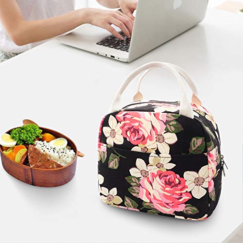 EurCross Floral Lunch Bag Classic for Women Girls, High Grade Cotton Canvas Insulated Lunch Box Bag Hold Bento Box or Round, Square and Uniquely Shaped Lunch Containers, Small Light Weight for Carry - color: Floral