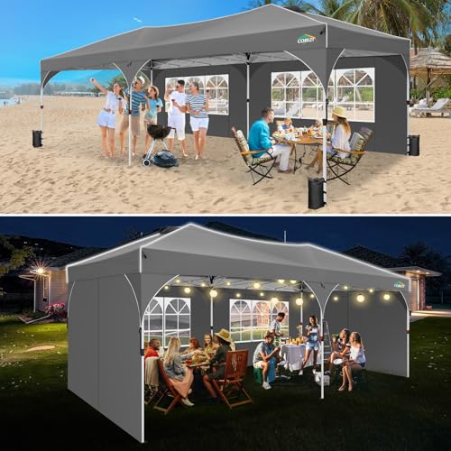 COBIZI 10x20 Pop Up Canopy Tent, Outdoor Party Tent with 4 Sidewalls, 1 Person Easy Set up, Tents for Parties with Fluorescent Strip & 4 Sandbags, Waterproof UPF50+, 3 Adjustable Height, Gray - color: Gray, size: 10x20ft