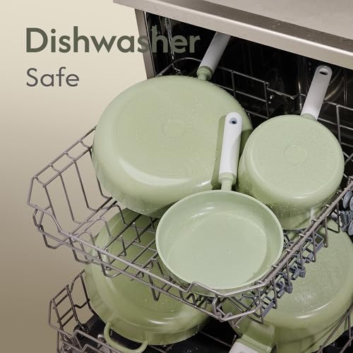 CAROTE Pots and Pans Set Non stick, 15pcs Ceramic Cookware Set Nonstick Non Toxic Cookware,Dishwasher,RV/Camping Cookware Set,Green - color: Green