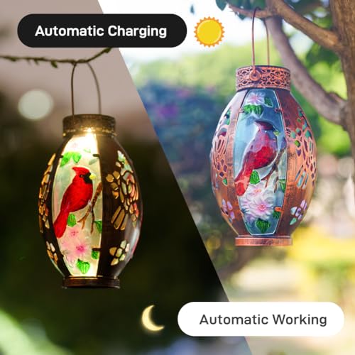 Starsoul Cardinal Outdoor Solar Lantern - Metal & Stained Glass Cardinal Solar Light, Waterproof Tabletop Lamp with Hollowed-Out Design for Yard, Patio, Garden, Pathway - color: Cardinal
