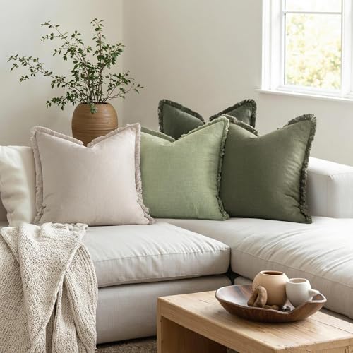MIULEE Decorative Couch Pillow Covers Neutral Linen Fringe Throw Pillows Set of 4 Boho Farmhouse Soft Accent Cushions for Bed Sofa Living Room Spring Home Decor 22x22 Inch Beige/Sage Green - color: Sage Green, size: 22" x 22" (Pack of 2)